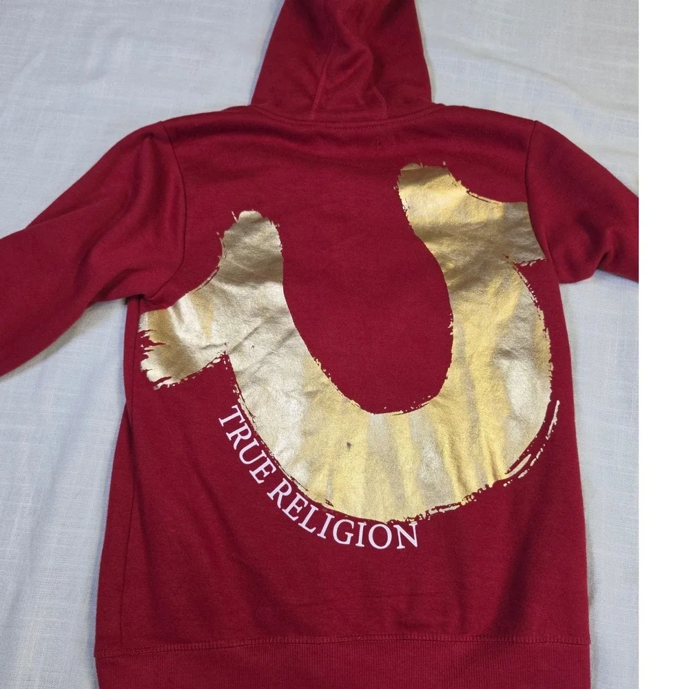 True Religion Boys Red Gold Metallic Horseshoe Logo Zip Up Hoodie Size M 10